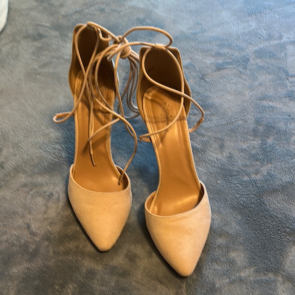 Charlotte Russe Cream Pointed-Toe Heels with Lace-Up Detail